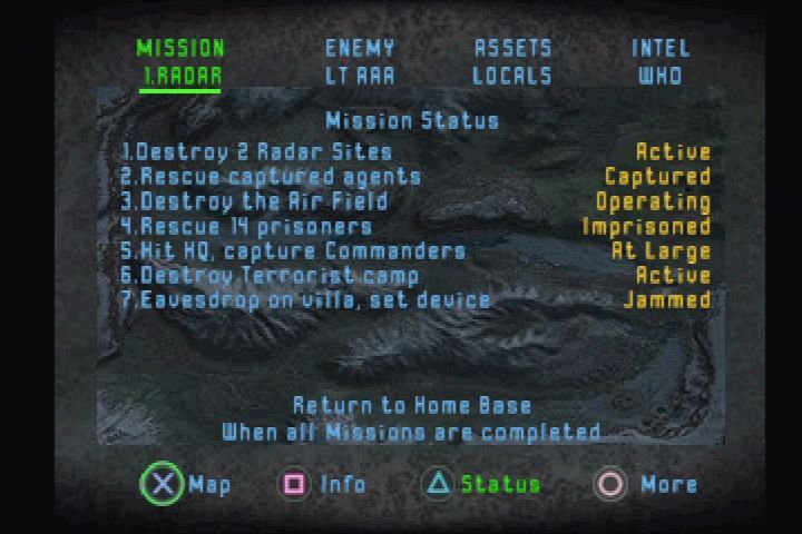 Soviet Strike (PlayStation) screenshot: Quite a few objectives per mission/map.