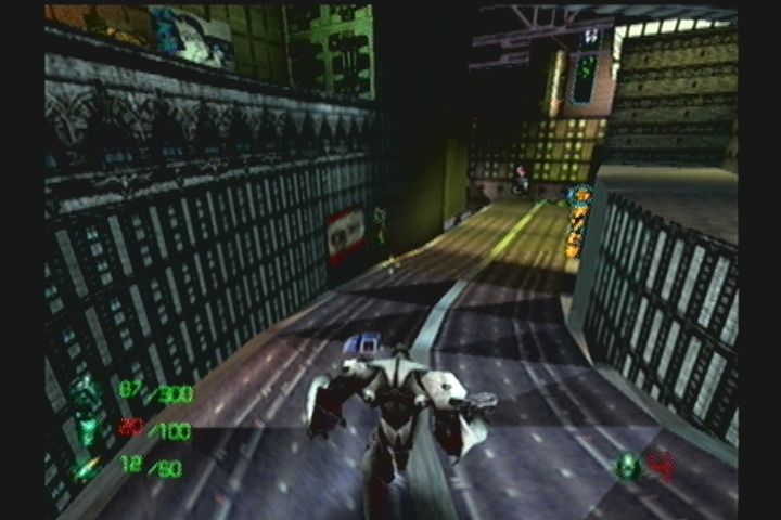 Slave Zero (Dreamcast) screenshot: City streets resolve into mostly linear levels.