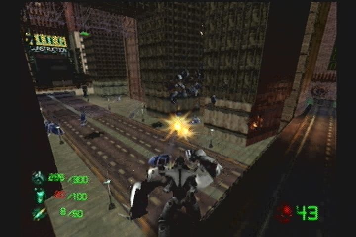 Slave Zero (Dreamcast) screenshot: Fighting enemy mechs.