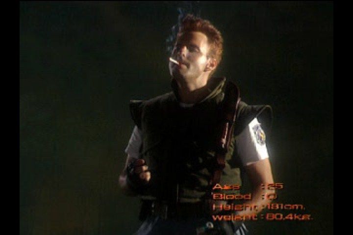 Resident Evil (PlayStation) screenshot: (Japanese intro) Chris tastes the flavor. Smoking removed from the U.S. release
