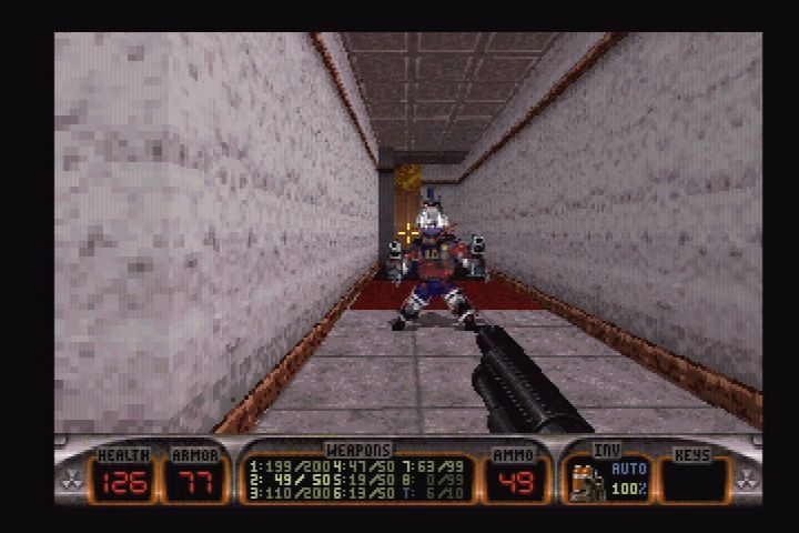 Duke Nukem 3D (PlayStation) screenshot: Robo-Pig Cop packs twin pistols.