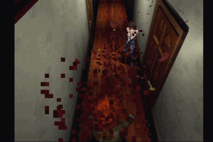 Resident Evil: Director's Cut (PlayStation) screenshot: The custom Beretta has a random chance to one-hit kill standard zombies.