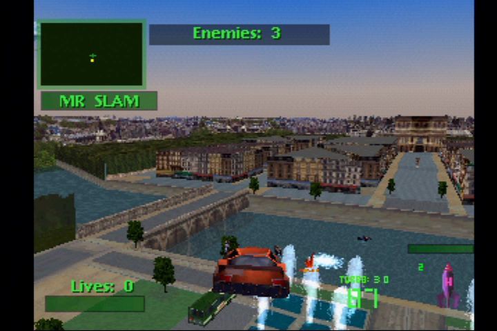 Twisted Metal 2 (PlayStation) screenshot: Leaping off the Eiffel Tower.