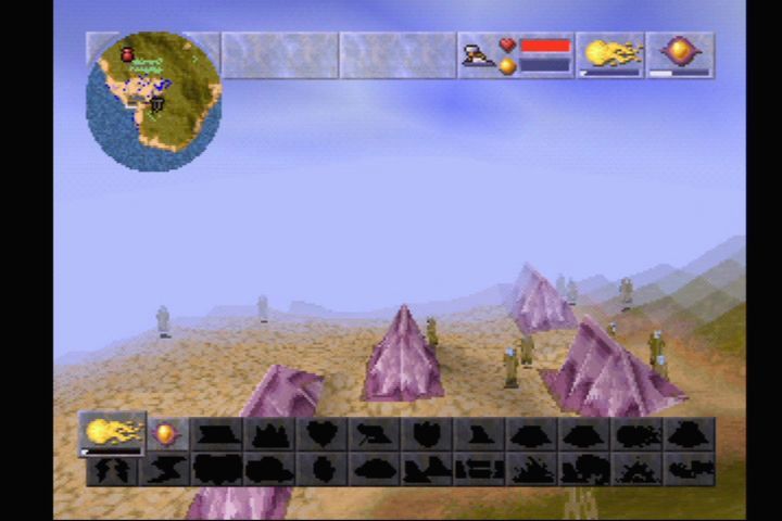 Magic Carpet Plus (PlayStation) screenshot: Flying above the natives.