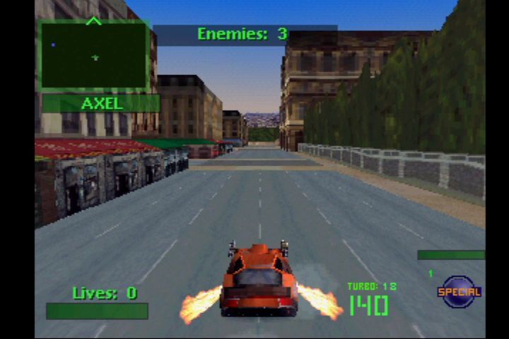 Twisted Metal 2 (PlayStation) screenshot: Hit the turbo for a mean speed boost.