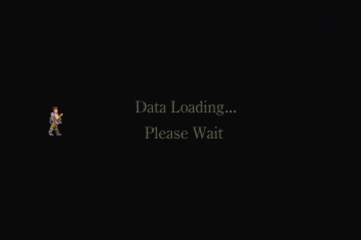 King's Field (PlayStation) screenshot: Little sword guy attacks the loading screen