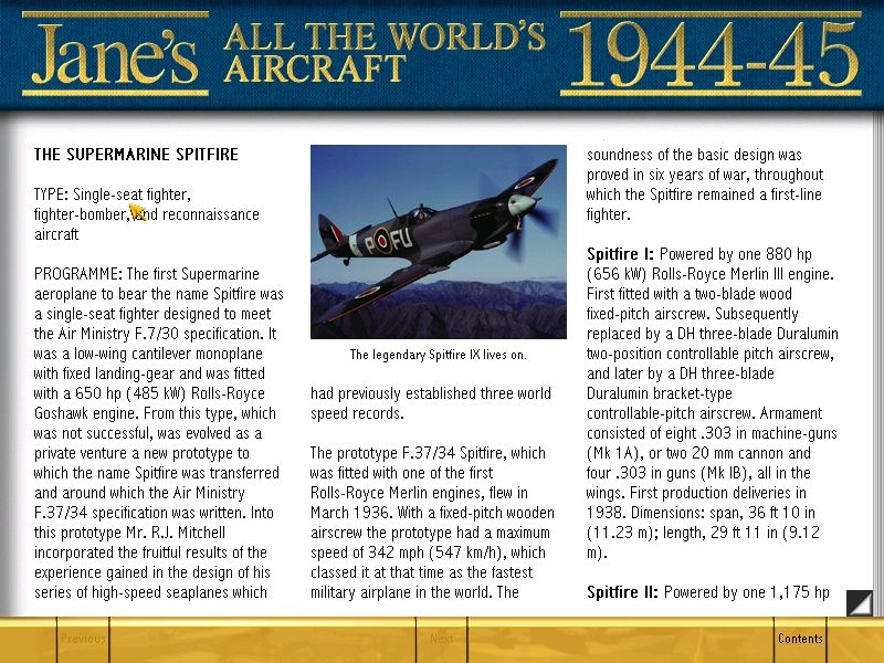 Jane's Combat Simulations: WWII Fighters (Windows) screenshot: Information on the Supermarine Spitfire IX