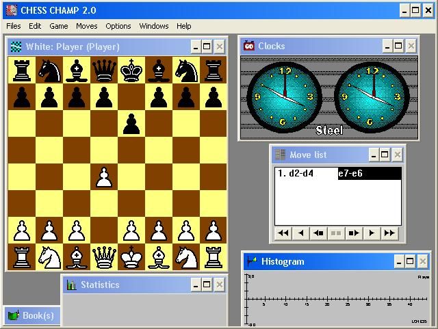 Chess Champ (Windows) screenshot: Top down view, classic piece set and clock