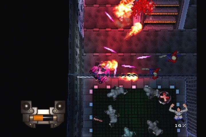 Machine Hunter (PlayStation) screenshot: Robot armed with flame cannons.
