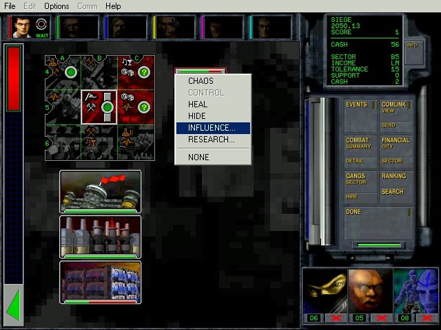 Chaos Overlords (Windows) screenshot: When a sector is under control, the resident gangs can be ordered to influence (i.e force cooperation) the buildings (sites).