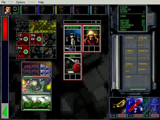 Chaos Overlords (Windows) screenshot: Sector details, with gangs already have their tasks assigned to them.