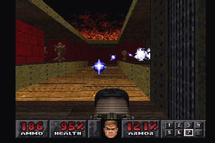 Doom (PlayStation) screenshot: "Exclusive" level "Hell Keep." Again from the <a href="http://www.mobygames.com/game/jaguar/doom/screenshots/gameShotId,232312/">Jaguar release</a>.