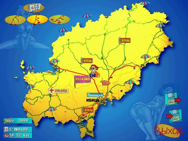 Ibiza Babewatch (Windows) screenshot: Map of Ibiza (in Russian)
