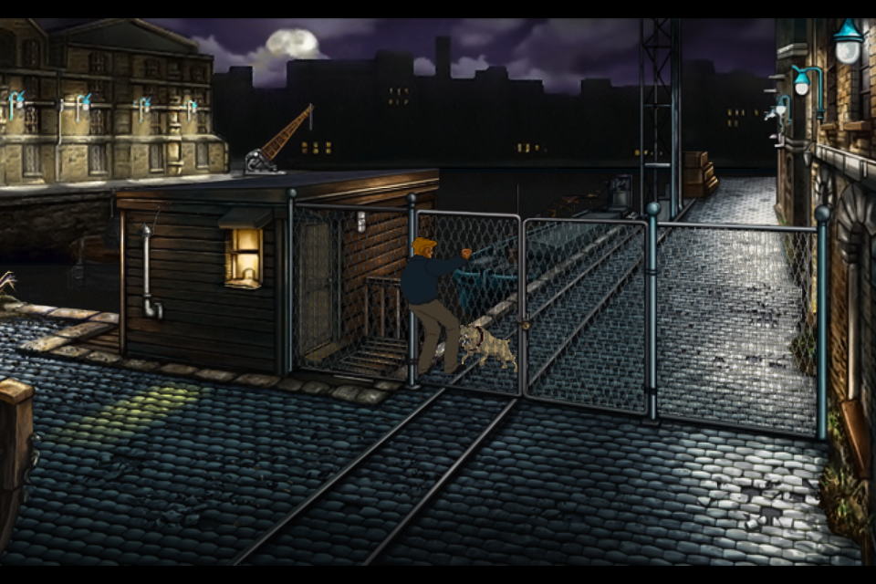Broken Sword II: The Smoking Mirror - Remastered (iPhone) screenshot: Twenty is the vicious guard dog guarding the Marseilles docks.