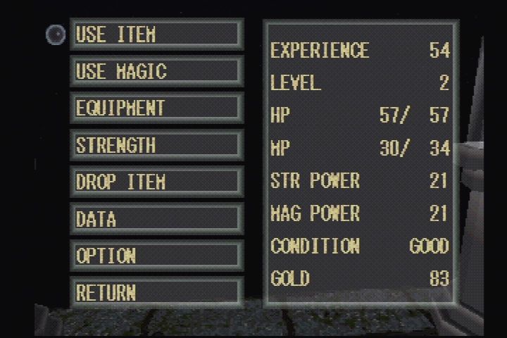 King's Field (PlayStation) screenshot: Menu screen with character status