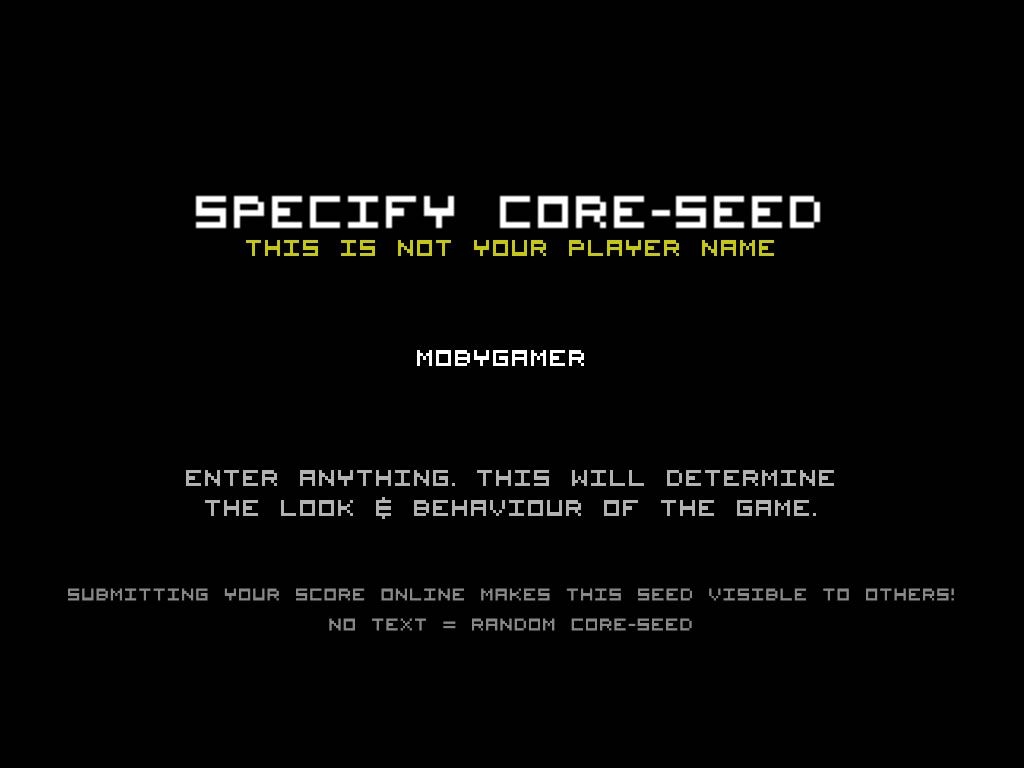 Invaders: Corruption (Windows) screenshot: The main screen where you enter the seed
