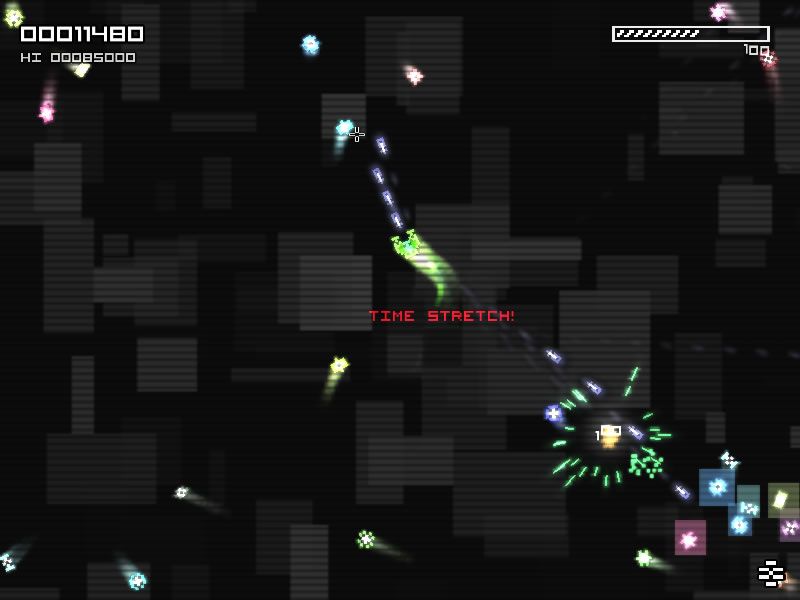 Invaders: Corruption (Windows) screenshot: The ship has picked up a Time Stretch power-up that slows all enemies down