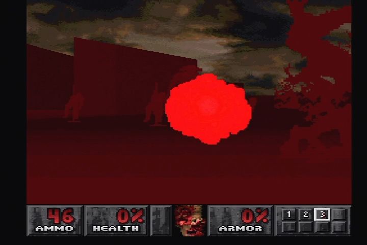 Doom (PlayStation) screenshot: Explosions rip the Marine face apart in the PSX version.