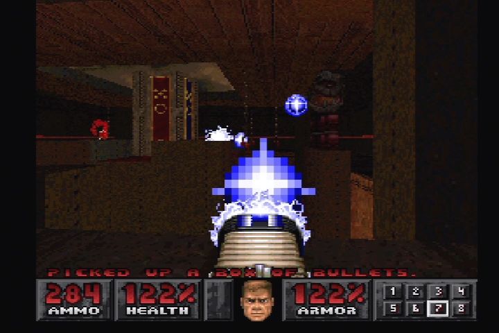 Doom (PlayStation) screenshot: Fired guns do light up your surroundings, but less than the PC version.