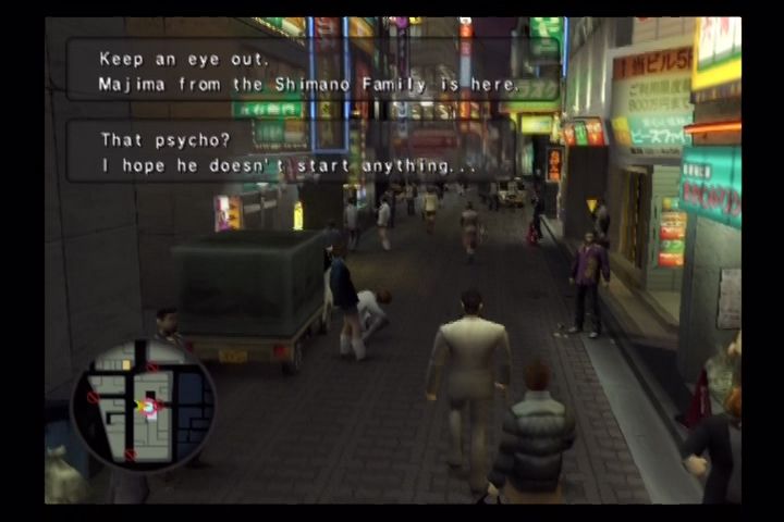 Yakuza (PlayStation 2) screenshot: NPC dialogue overlays as you pass.