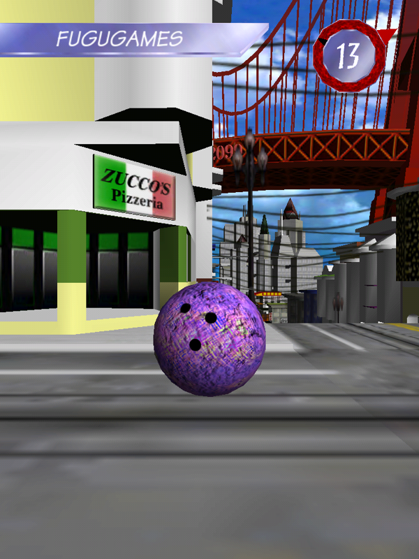 HyperBowl Arcade Edition (iPad) screenshot: San Francisco lane. Trivia note - "Zucco" of Zucco's Pizzeria is Phil Zucco, one of the HyperBowl artists.