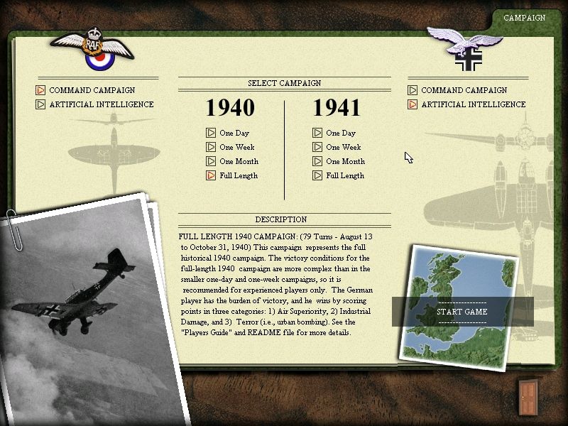 Battle of Britain (Windows) screenshot: Campaign selection screen