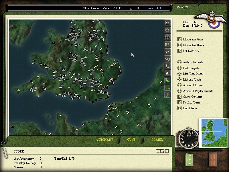 Battle of Britain (Windows) screenshot: The game map covers the British Isles and the western coast of continental Europe