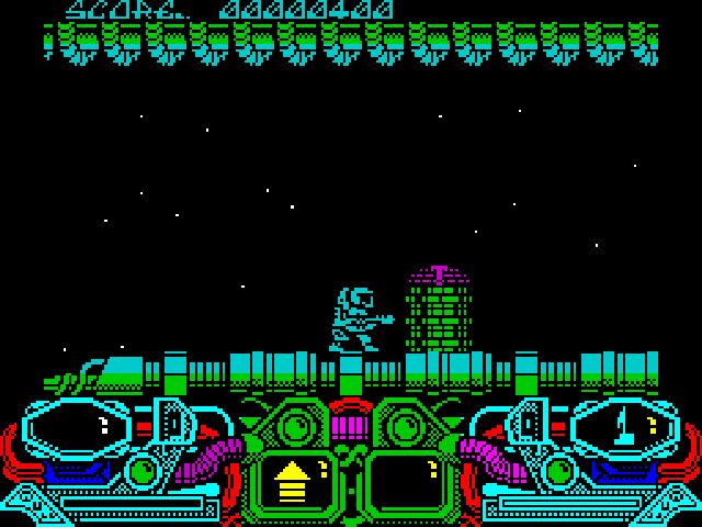 Dark Fusion (ZX Spectrum) screenshot: The power up enables the character to jump higher. It is not used until th 'SELECT' key is pressed so the character can still jump without wasting the power up