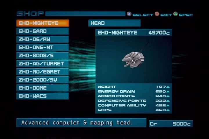 Armored Core 2 (PlayStation 2) screenshot: Shopping for new heads.