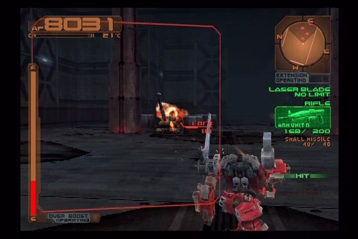 Armored Core 3 (PlayStation 2) screenshot: Attacking rebels in a warehouse.