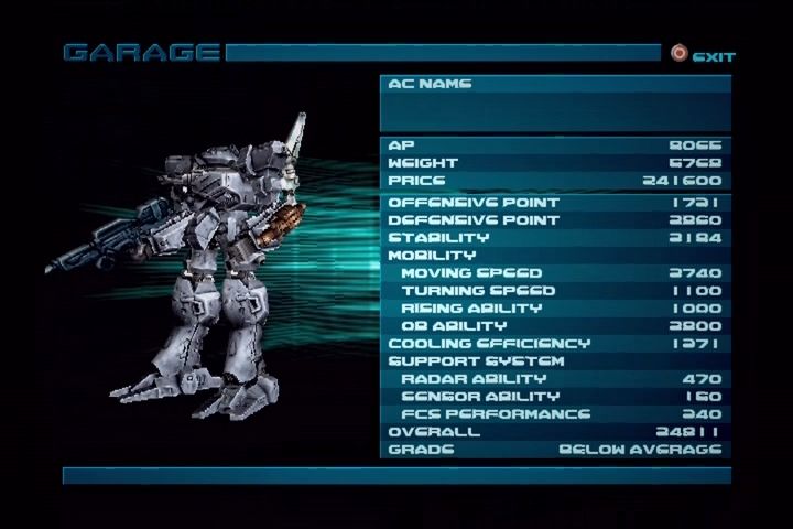 Armored Core 2 (PlayStation 2) screenshot: Checking our current mech's stats.