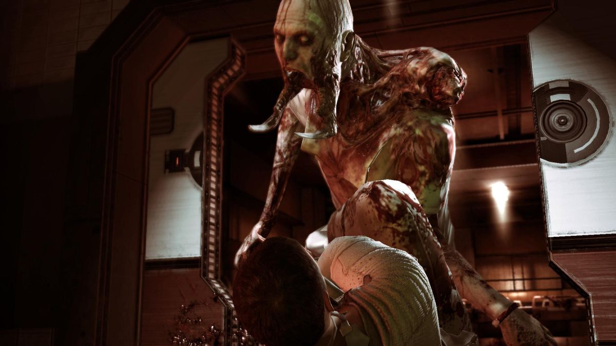 Dead Space 2 (Windows) screenshot: Oh no! A Necromorph has mounted Isaac, and he's still in his straight jacket! Will our hero make it out of here with frantic struggles and live another day?