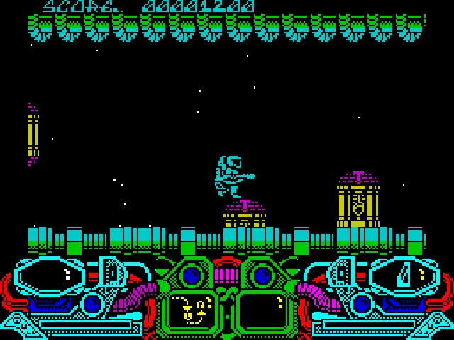 Dark Fusion (ZX Spectrum) screenshot: Just picked up another power up and I have no idea what it is. Looks like a piece of plumbing equipment