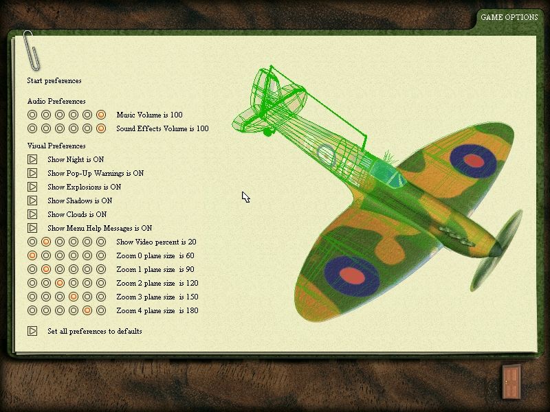 Battle of Britain (Windows) screenshot: Game options screen