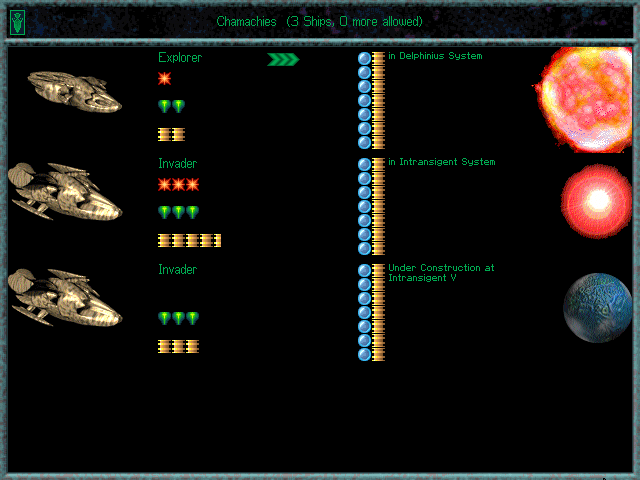 Ascendancy (DOS) screenshot: Overview of the player's ships