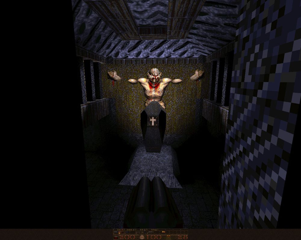 Quake Mission Pack No. I: Scourge of Armagon (Windows) screenshot: Are you brave enough to use that coffin as a teleport?