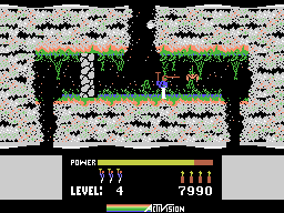 H.E.R.O. (ColecoVision) screenshot: Shooting at one of the creatures