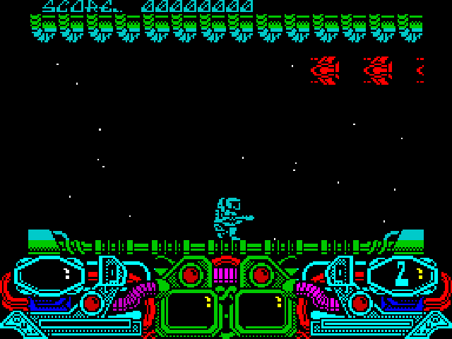 Dark Fusion (ZX Spectrum) screenshot: Landed and already there are alien ships, bit small aren't they, buzzing around. The two bars at the bottom left / right are laser power up meter & energy remaining