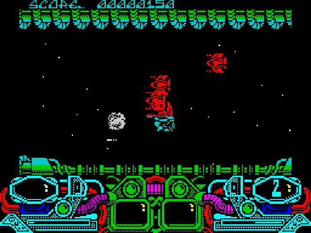 Dark Fusion (ZX Spectrum) screenshot: Luckily these aliens don't shoot and seen fairly harmless. A lot of energy can be used trying to shoot them