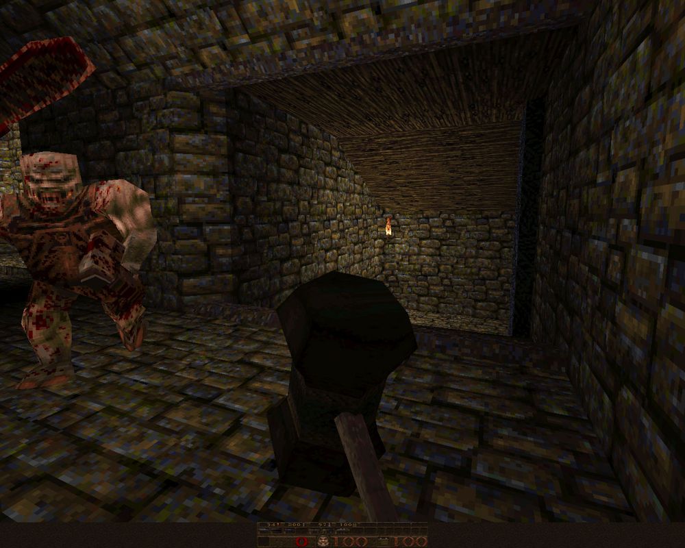Quake Mission Pack No. I: Scourge of Armagon (Windows) screenshot: Chainsaw against the Mjolnir hammer