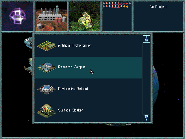 Ascendancy (DOS) screenshot: Selecting a structure to build on the planet surface