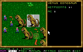 Buck Rogers: Matrix Cubed (DOS) screenshot: Fighting Venus Dinosaurs.