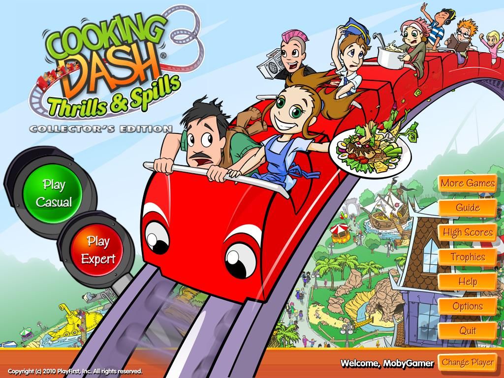 Cooking Dash 3: Thrills & Spills (Collector's Edition) (Windows) screenshot: Main Menu - Certain objects are animated. The Play Expert mode will only appear when at least one level of Play Casual mode has been completed.