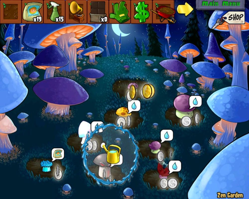 Plants vs. Zombies (Windows) screenshot: Zen Garden - This garden is specifically designed from night plants and mushrooms. Although purchasing the garden is expensive, it will allow mushrooms to grow.