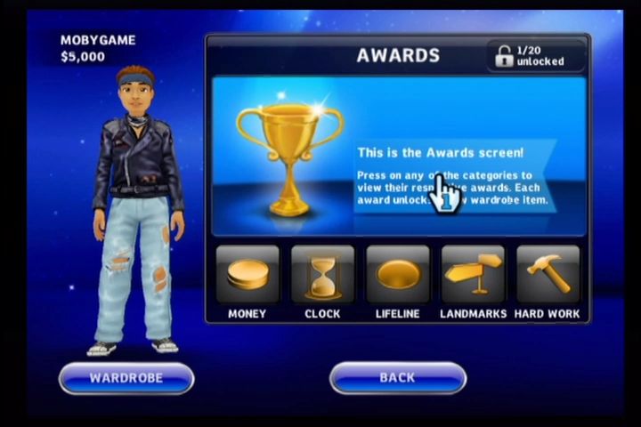 Who Wants to Be a Millionaire (Wii) screenshot: Gain awards for in-game achievements.