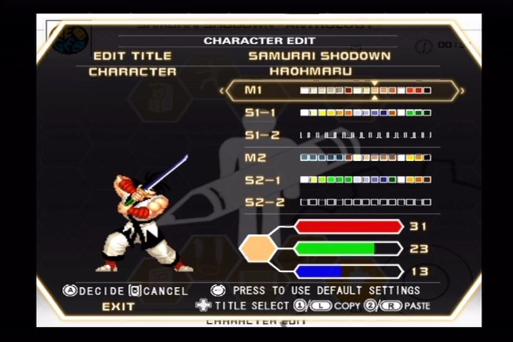 Samurai Shodown: Anthology (Wii) screenshot: You can edit the colors of each character.