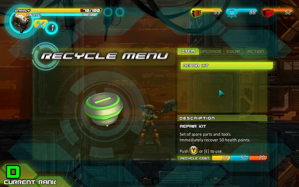 A.R.E.S.: Extinction Agenda (Windows) screenshot: Access the recycle menu at any time to turn scrap into useful power-ups and items.