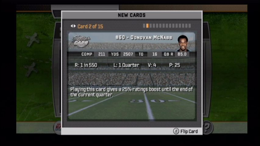 Madden NFL 07 (Wii) screenshot: Most cards bestow a benefit.