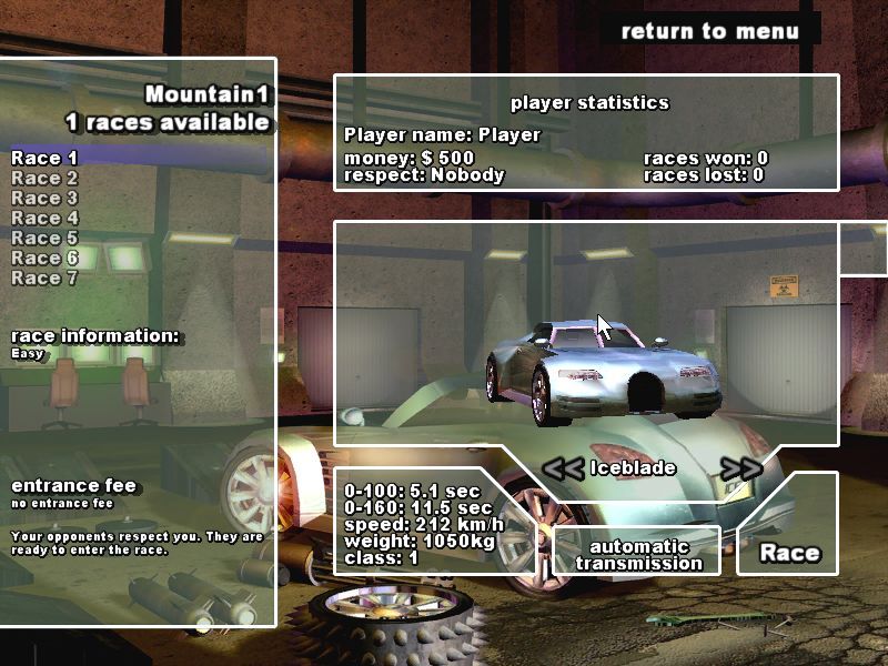 Glacier (Windows) screenshot: Choose your car