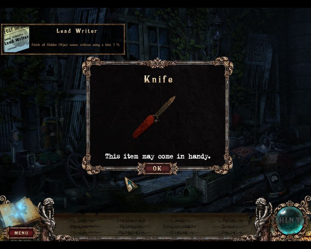 Fear for Sale: Mystery of McInroy Manor (Macintosh) screenshot: Found a knife and achievement Lead Writer